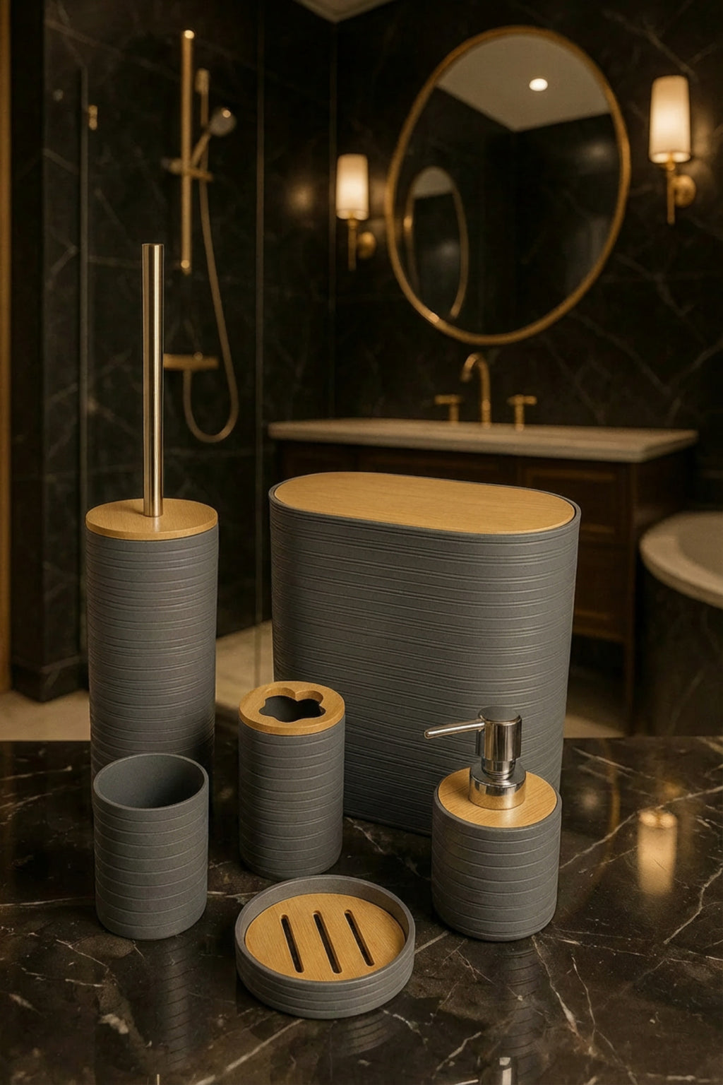 6'lı Banyo Seti, Bambu Kapaklı, Gri, Oval, 8 litre