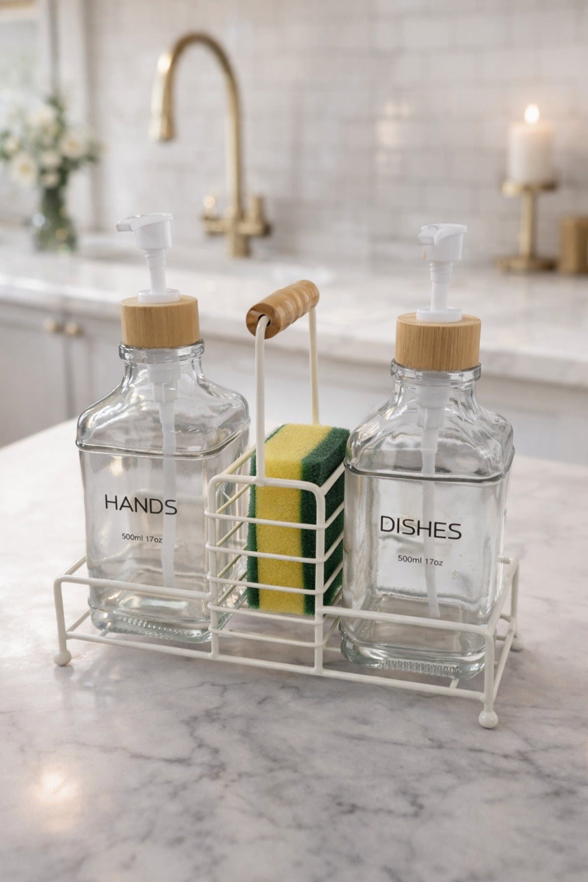 Lüks Bambu Kulplu Metal Stantlı İkili Cam Sıvı Sabunluk 500 ml, 23x9x23,5 cm – Beyaz