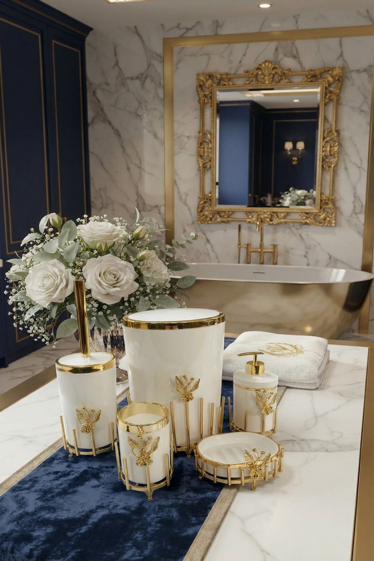 Gold Kaplama Metal Stantlı 5 Parça Mermer Desenli ve Düz Renk Seçenekli Banyo Aksesuar Takımı