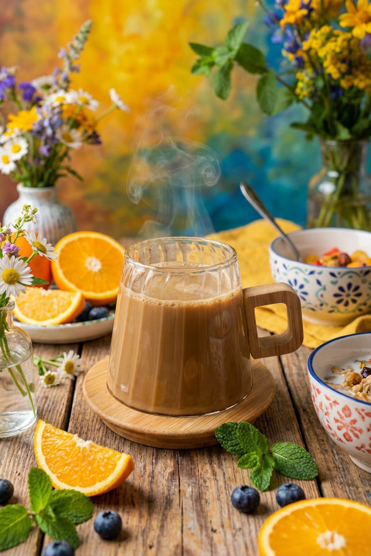 Bambu Kulplu ve Altlıklı Cam Kupa 200 ml – Borosilikat Cam