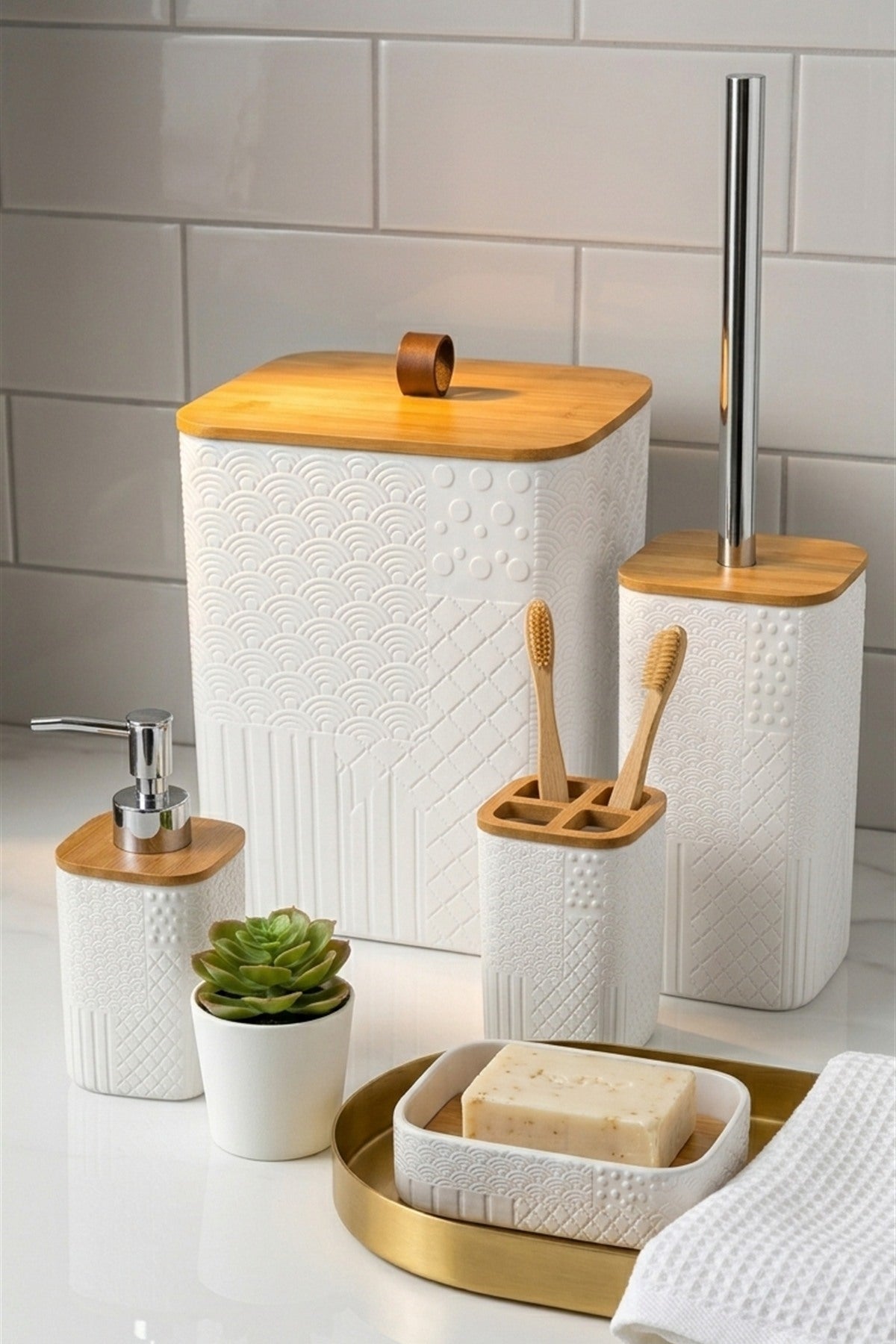 Bambu Detaylı 5 Parça Beyaz Banyo Seti, 21 x 19 x 25 cm