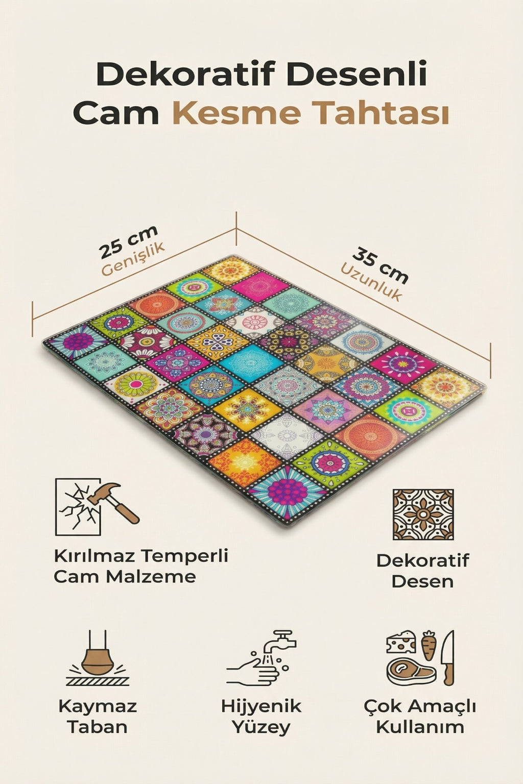 Cam Kesme Tahtası Kırılmaz Temperli 25x35 cm Dekoratif Desenli Kaymaz - Görsel 2