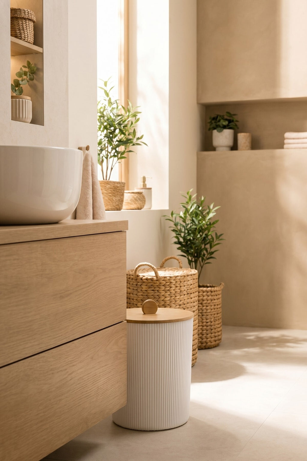 Doğal Bambu Kapaklı Çöp Kovası, 7 Litre, 20x23 cm Modern Şık Tasarım - görsel 5