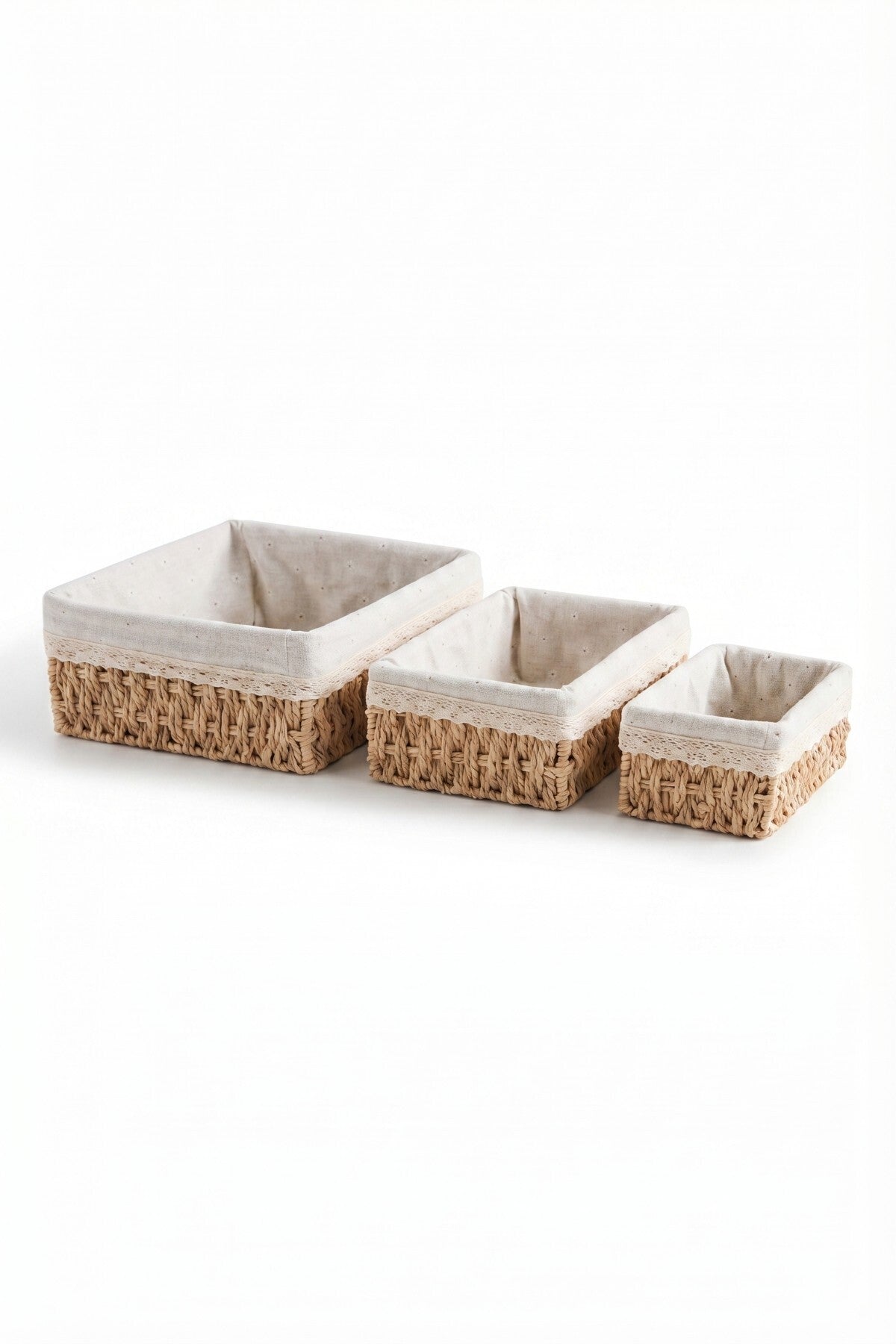 3’lü Bambu Ekmek Sepeti Seti, 26x20x12 cm, Metal Çerçeveli Dantelli Çiçek Desenli Kumaşlı Organizer - görsel 4