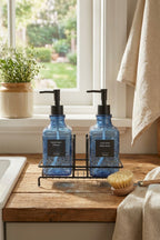 Modern Cam Sıvı Sabunluk & Deterjanlık Seti-500 ml Cam Sabunluk, Metal Stand'lı