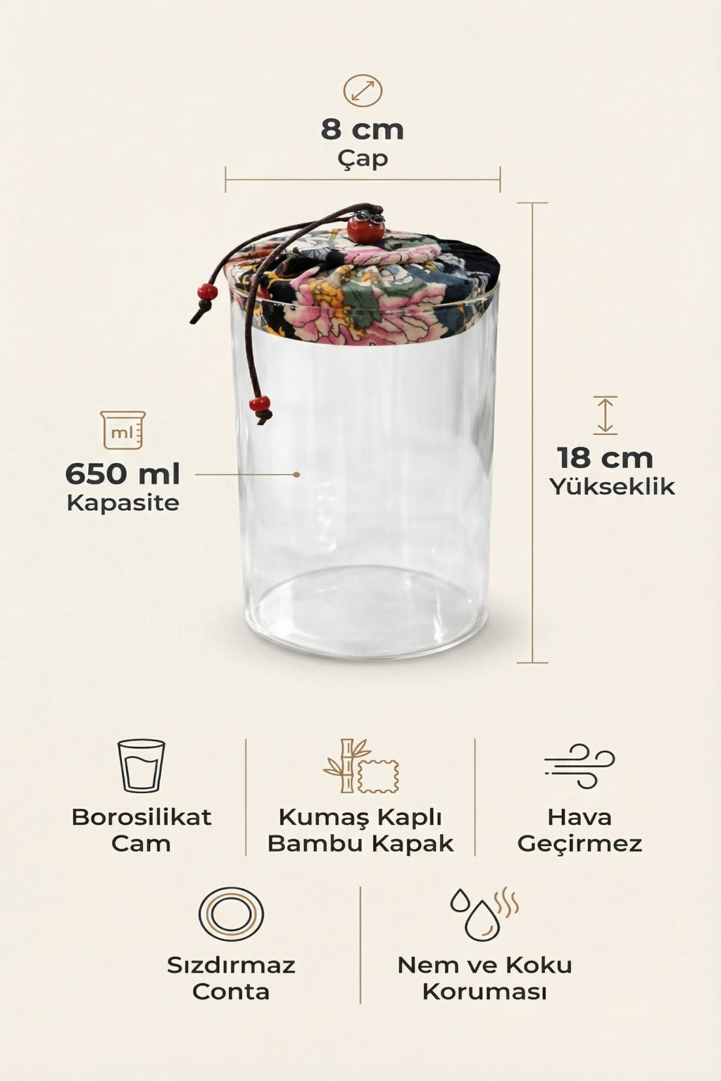 650 ml Borosilikat Cam Hava Geçirmez Kumaş Kaplama Bambu Kapaklı Kavanoz, çap: 8 cm, h: 18 cm