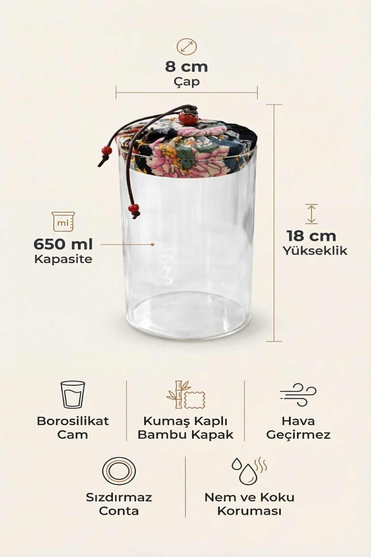 650 ml Borosilikat Cam Hava Geçirmez Kumaş Kaplama Bambu Kapaklı Kavanoz, çap: 8 cm, h: 18 cm