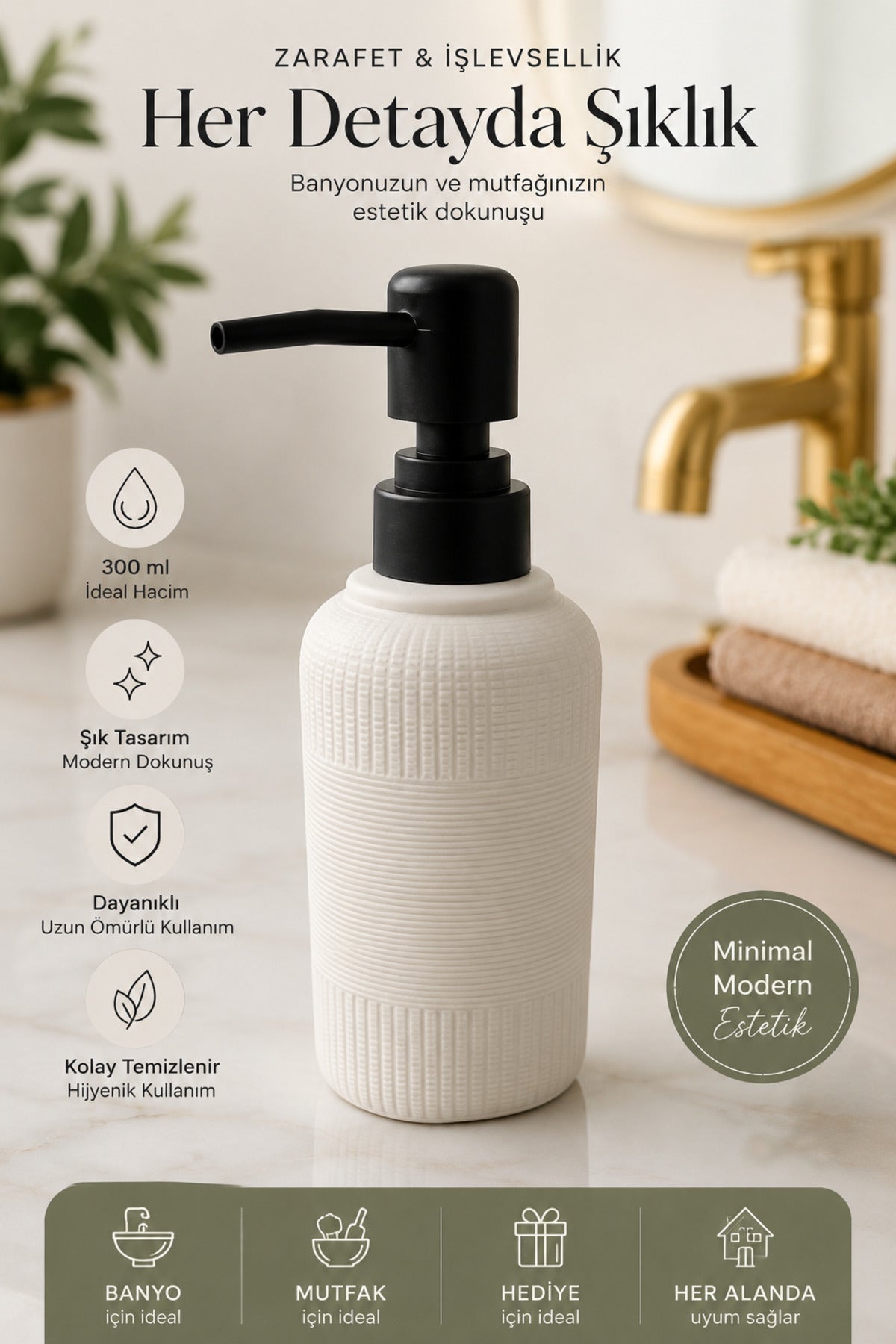 300 ml Seramik Lenora Sıvı Sabunluk, 7 cm çap, 18 cm yükseklik
