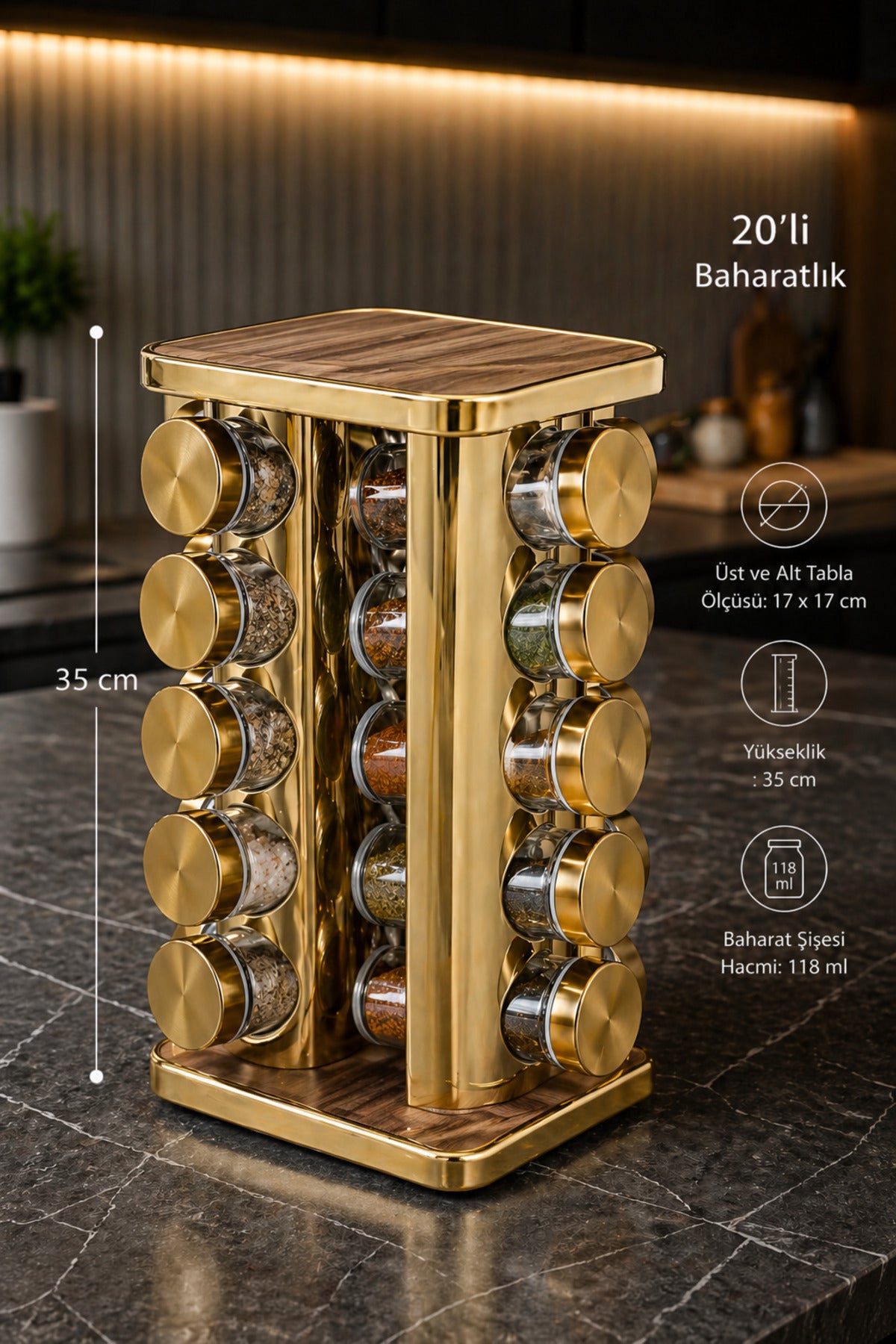 20’li Ahşap Desenli Gold Kare 360° Döner Standlı Baharatlık Cam Kavanoz Seti 118 ml
