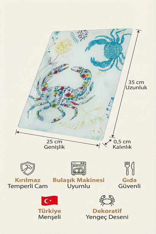 Cam Kesme Tahtası Kırılmaz Temperli 25x35 cm Yengeç Desenli Kaymaz
