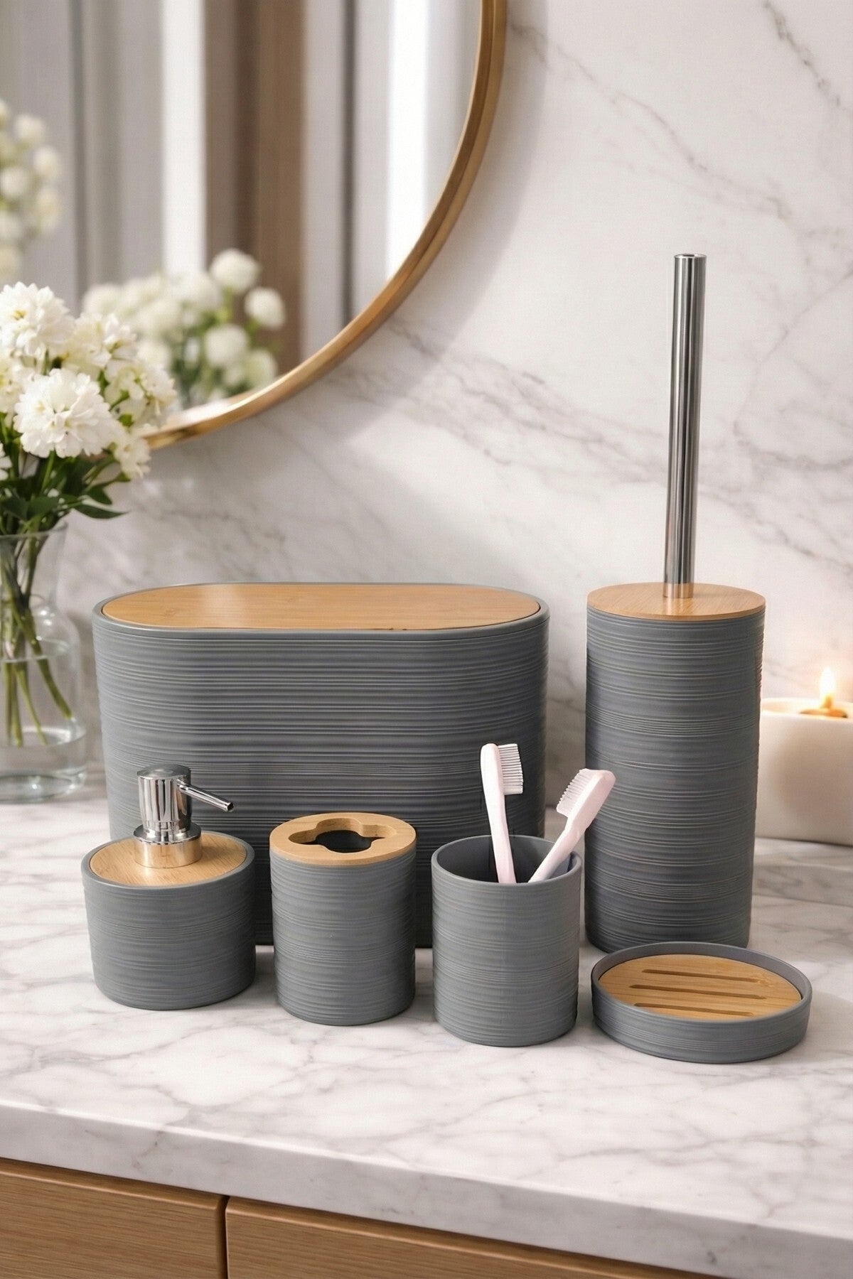 6 Parça Banyo Seti, Bambu Detaylı, 8L Çöp Kovası 24x26x16 cm