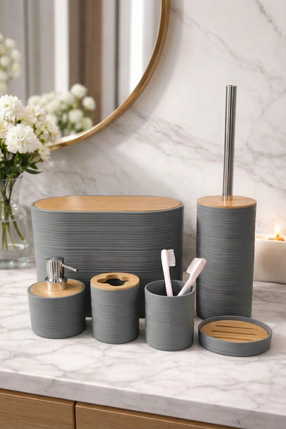 6 Parça Banyo Seti, Bambu Detaylı, 8L Çöp Kovası 24x26x16 cm