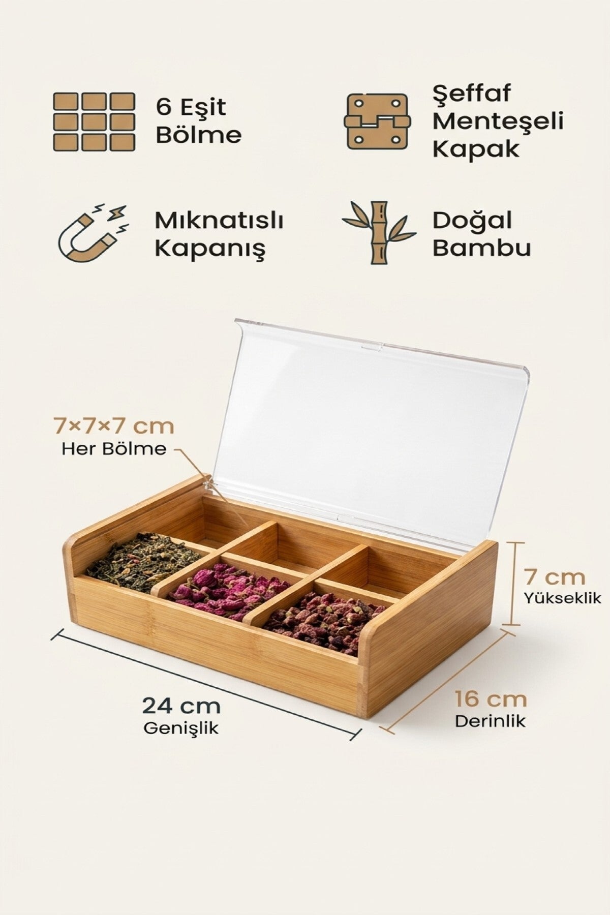Bambu 6 Bölmeli Düzenleyici Kutu, Şeffaf Kapak
