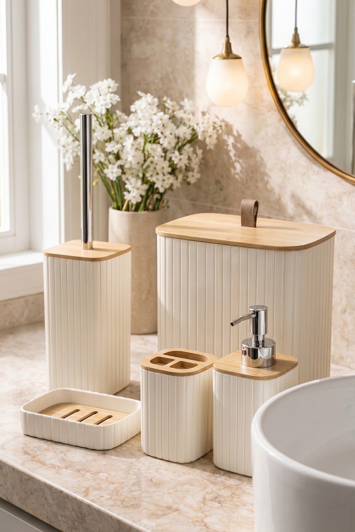 Bambu Kapaklı Çizgili Dikdörtgen 5 Parça Banyo Seti, 21 x 19 x 24 cm.