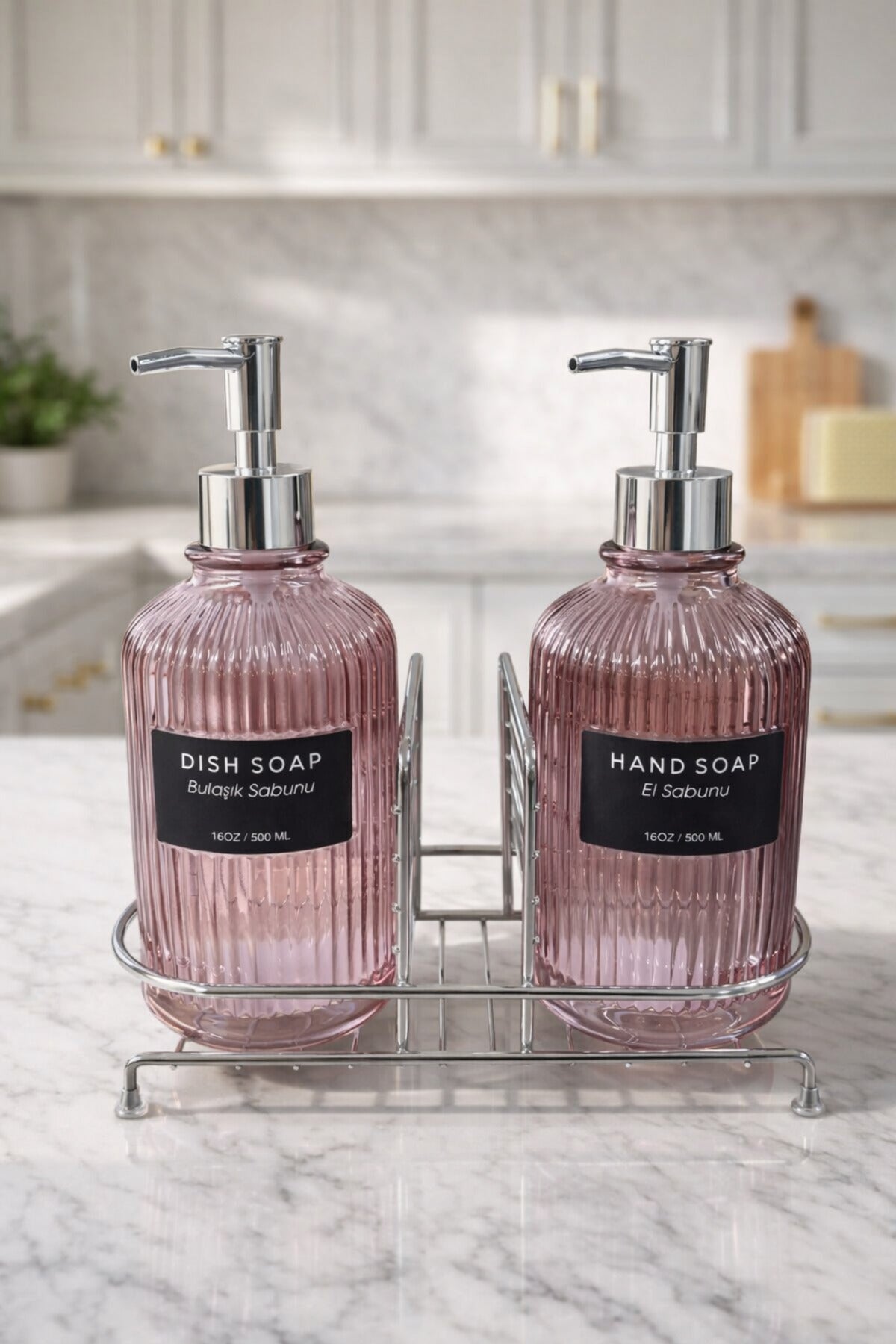 2'li Cam Sabunluk/Deterjanlık, 500 ml, Renk Metal Stantlı, 21,5x9x23 cm – Pembe Gümüş Stant