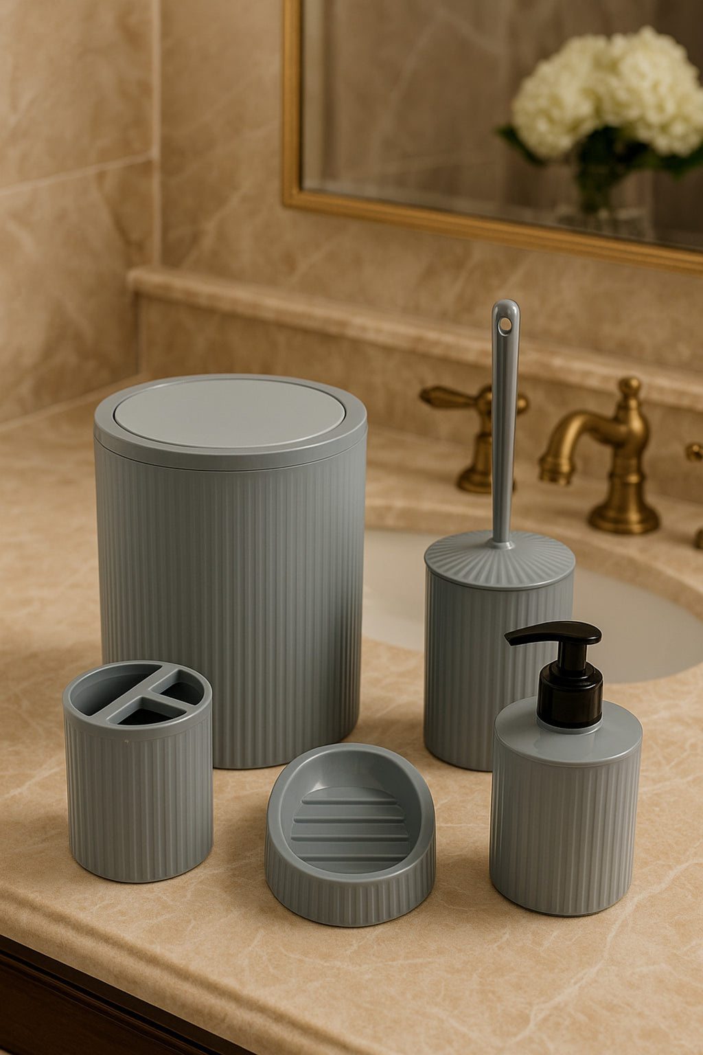 5 Parça Şık Gri Banyo Seti, Hacim: 6 litre