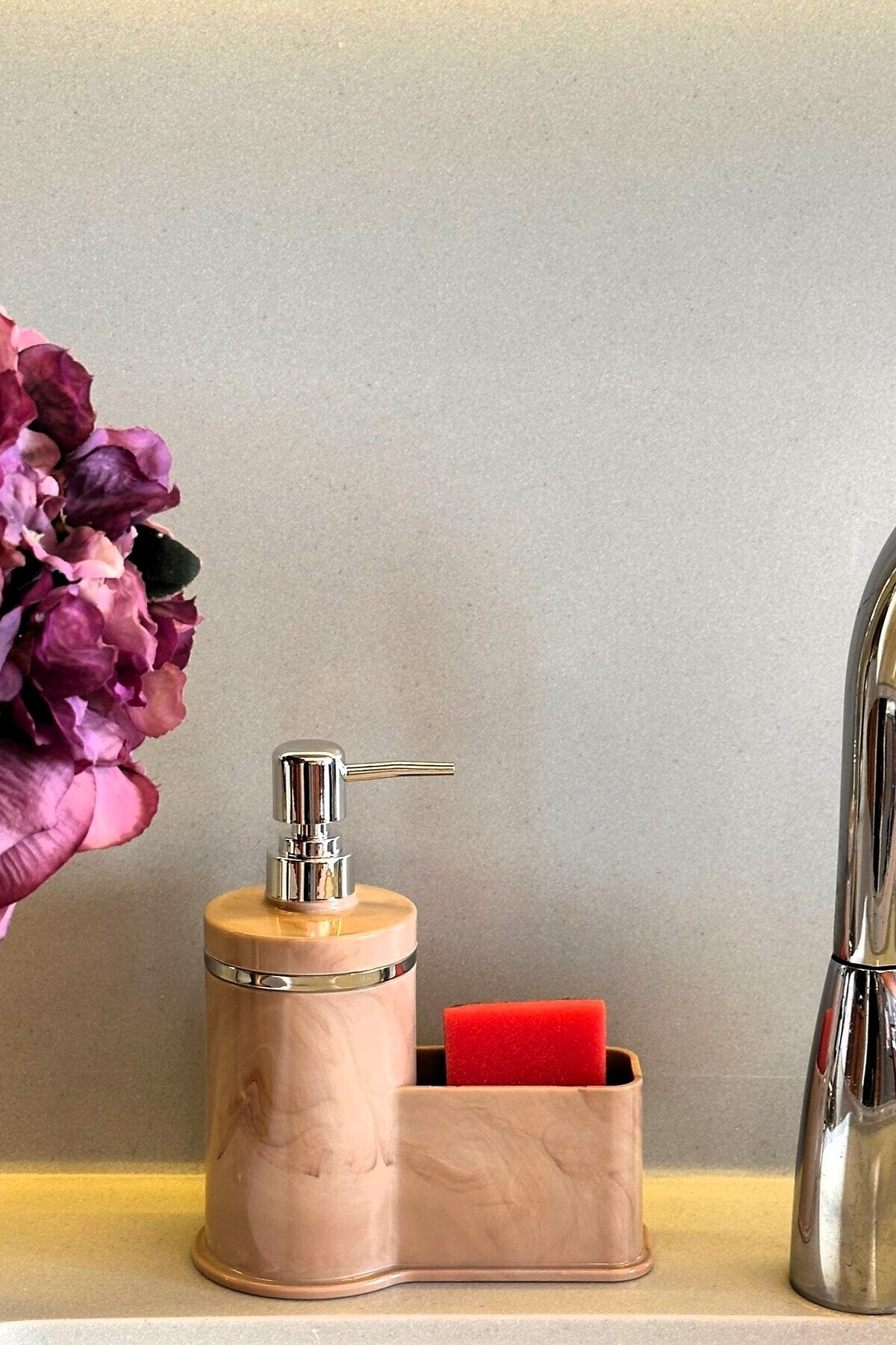 Mutfak Veya Banyo İçin Şık Gümüş Detaylı Süngerlikli Sıvı Sabunluk, Yerli Üretim