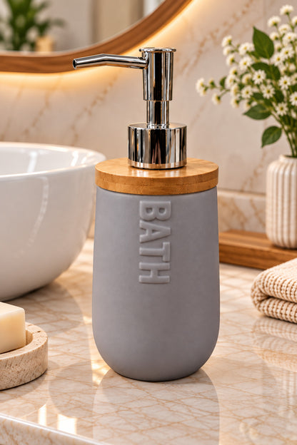 Seramik Sıvı Sabunluk Bambu Kapaklı 460 ml 8,5x20 cm – Gri