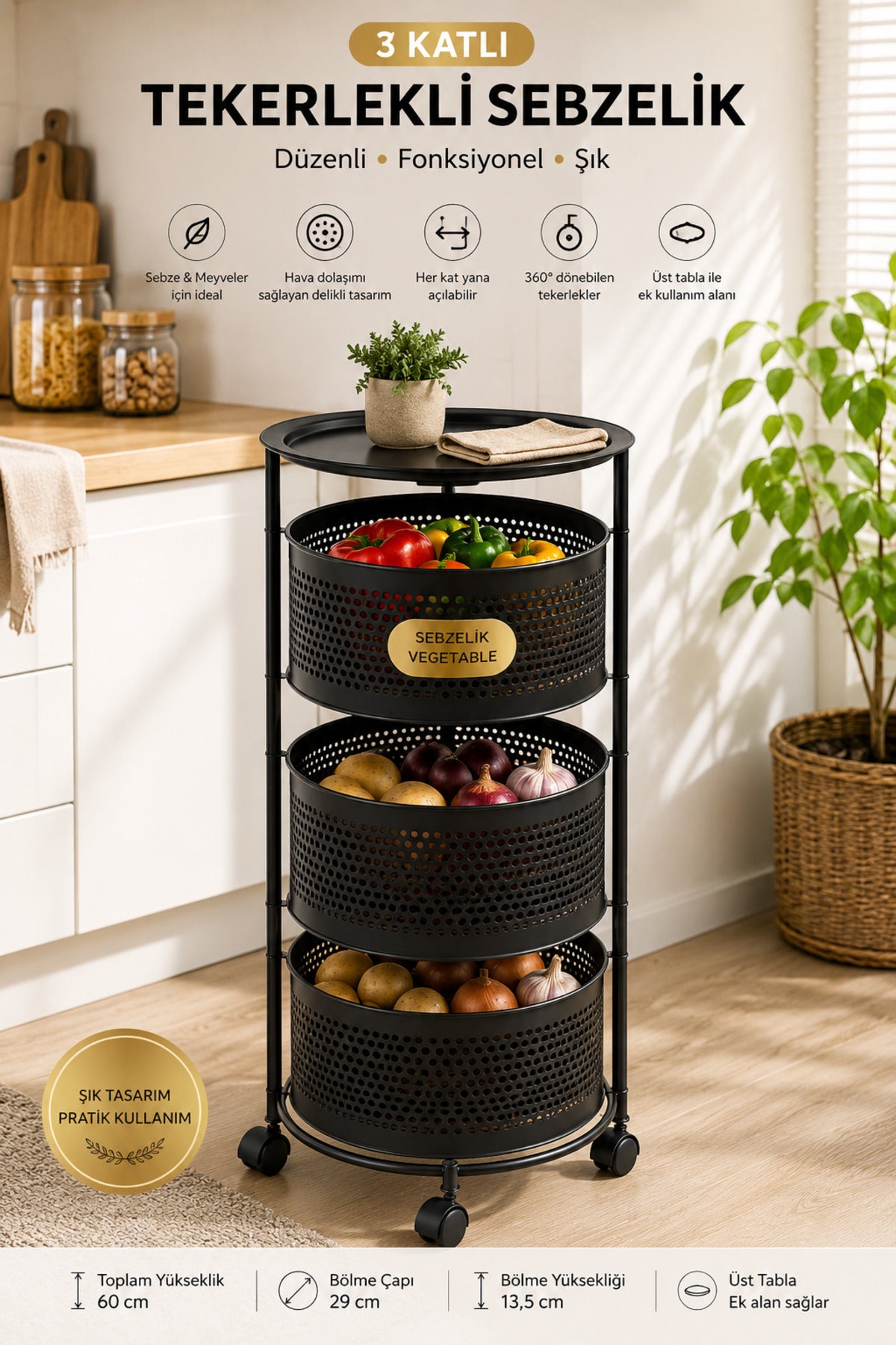 3 Katlı Tekerlekli Metal Sebzelik, Siyah, Yana Açılır Sepetli, Üst Tablalı, 60 cm