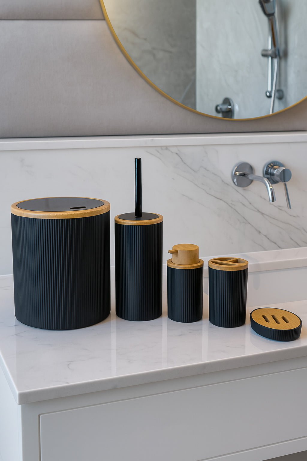 5 Parça Banyo Seti, Bambu Desen Siyah, Çöp Kovası, Fırçalık, Sıvı Sabunluk, Diş Fırçalık, Sabunluk