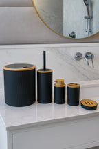 5 Parça Banyo Seti, Bambu Desen Siyah, Çöp Kovası, Fırçalık, Sıvı Sabunluk, Diş Fırçalık, Sabunluk