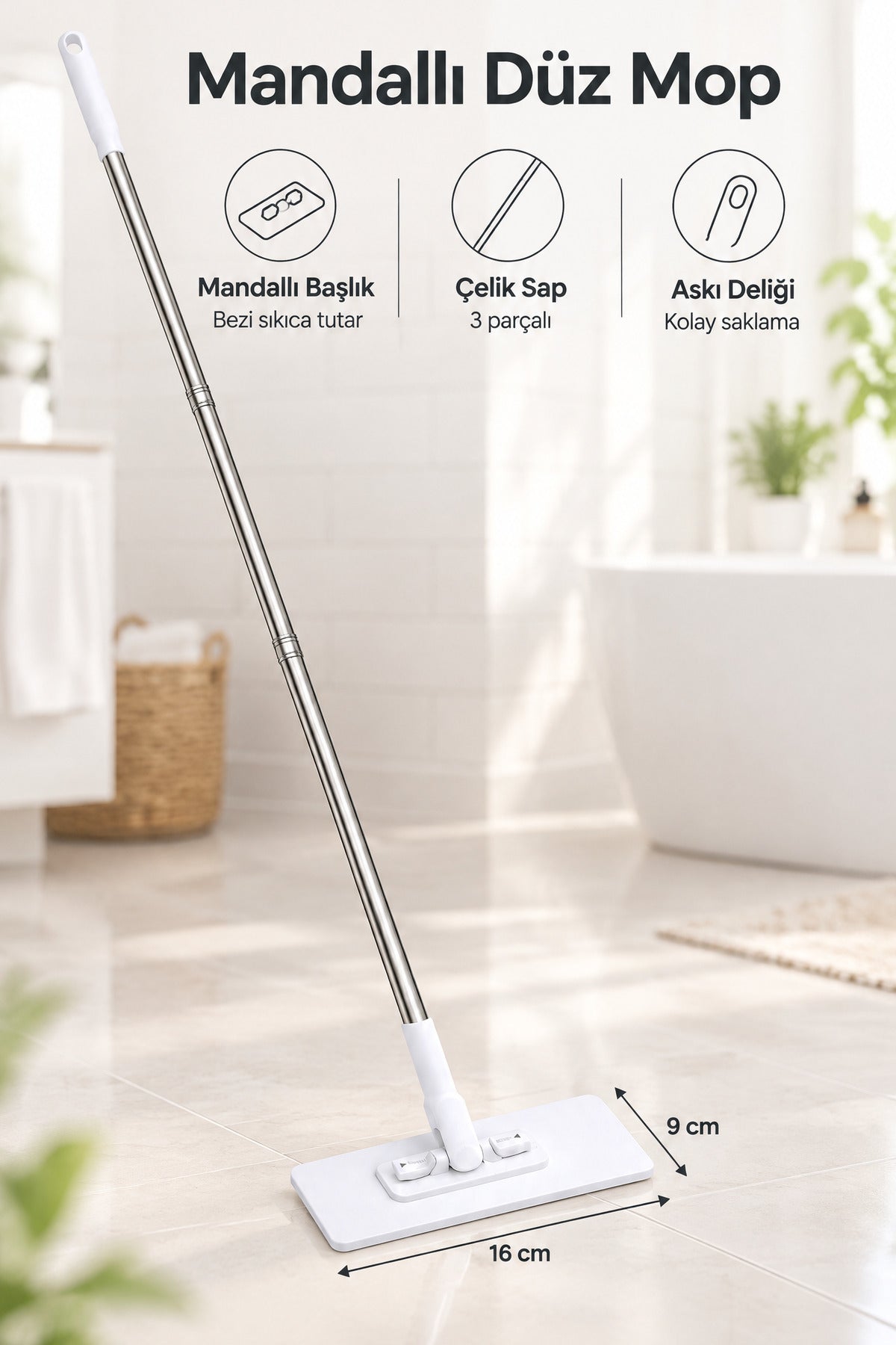 Mandallı Düz Mop, Bez Tutuculu Başlık, 3 Parçalı Çelik Saplı, Beyaz