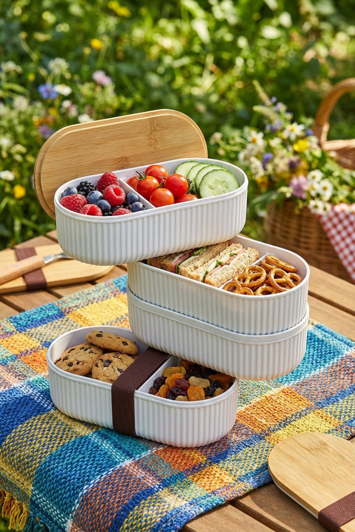 Bambu Kapaklı Saklama ve Beslenme Kutusu – 2 Katlı, 20 x 9 x 5,5 cm