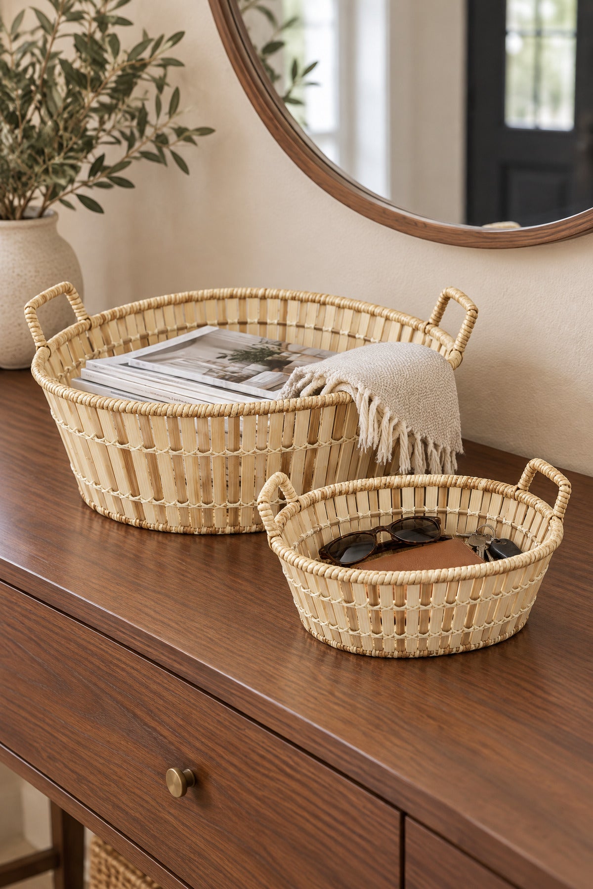 2'li Oval Bambu Hasır Kulplu Sepet Seti, Ekmek ve Meyve Sepeti, 30 cm + 25 cm