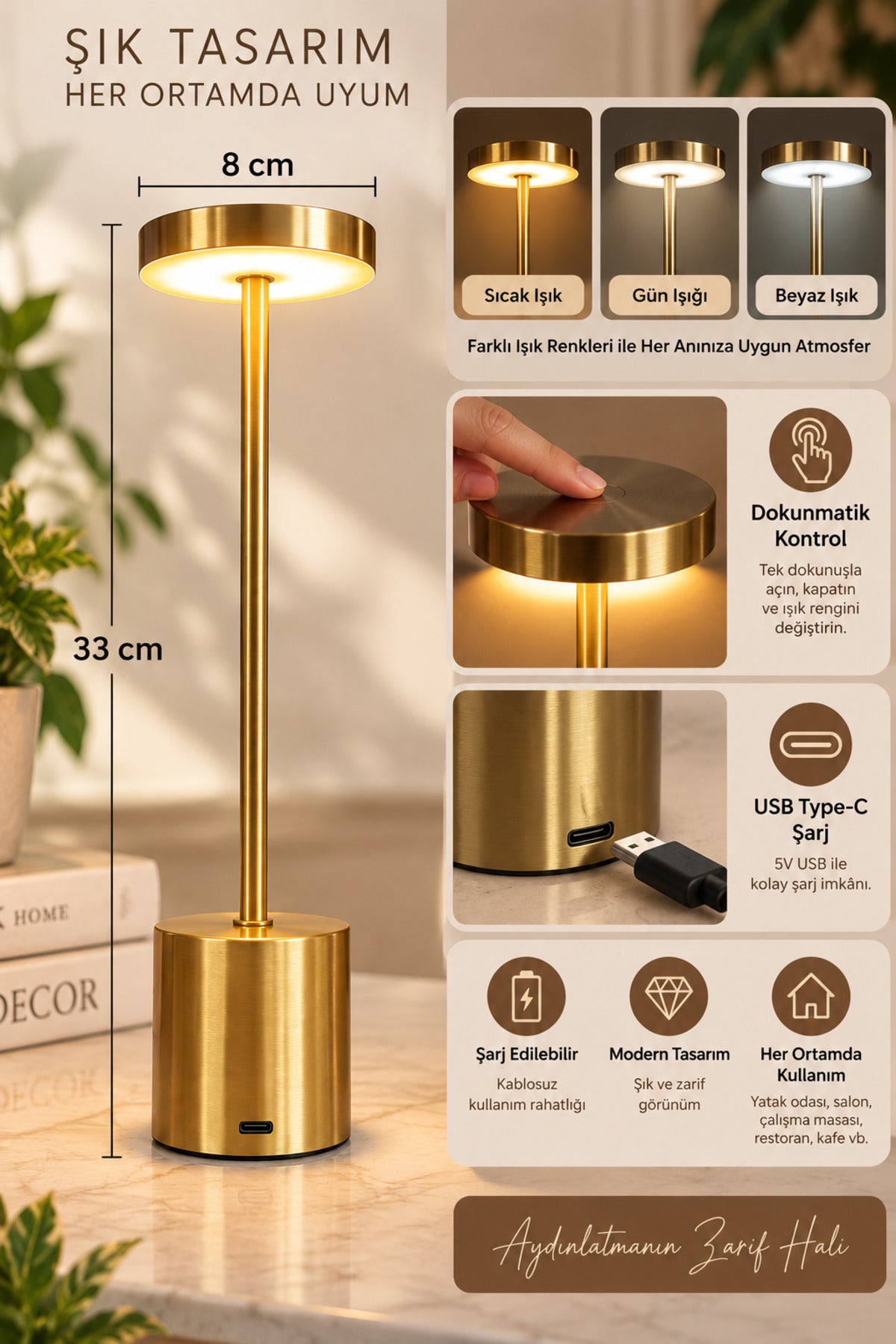 3 Kademe Işıklı Şarj Edilebilir LED Masa Lambası Dokunmatik Gold 33 cm USB Type-C Dekoratif Aydınlatma