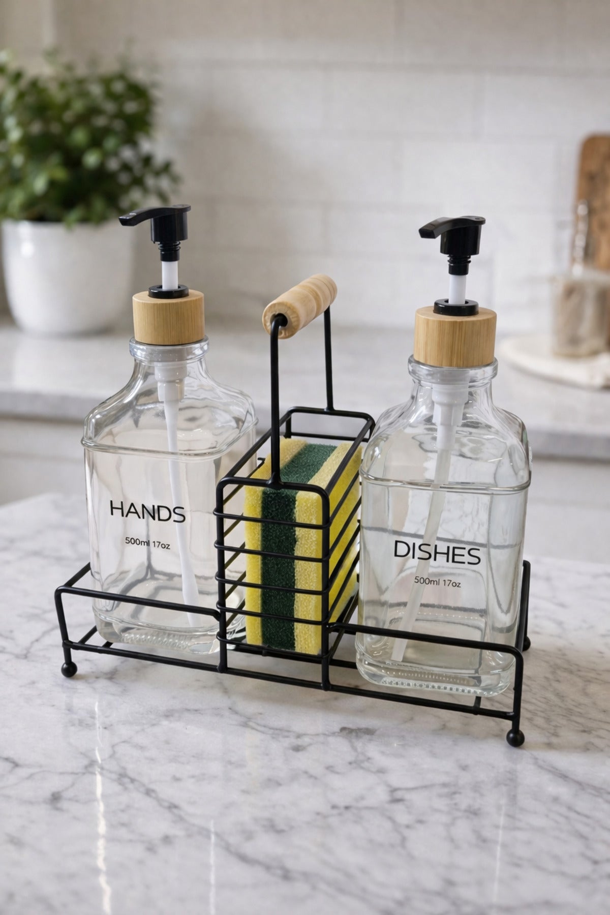 Lüks Bambu Kulplu Metal Stantlı İkili Cam Sıvı Sabunluk 500 ml, 23x9x23,5 cm – Siyah