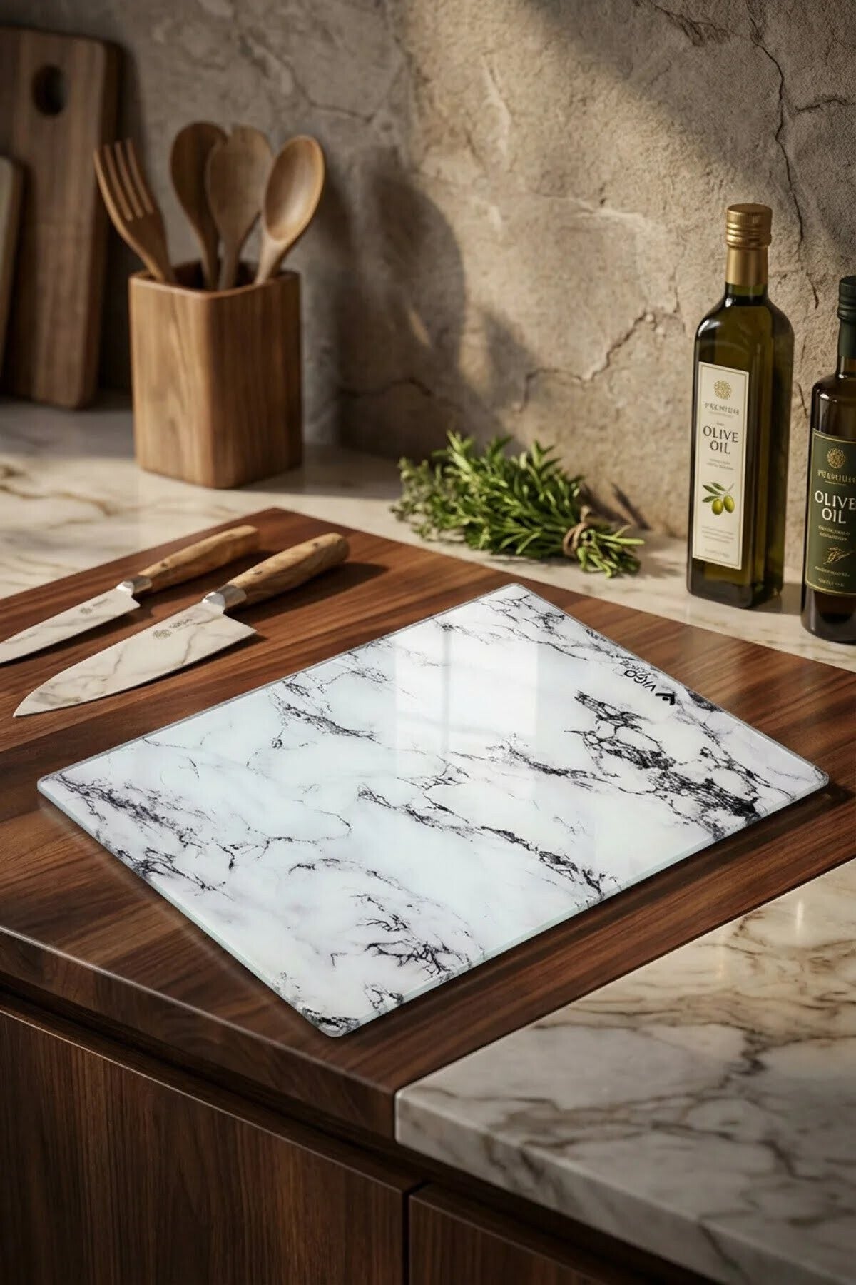 Cam Kesme Tahtası Kırılmaz Temperli 25x35 cm Beyaz Mermer Desenli Kaymaz - Görsel 6