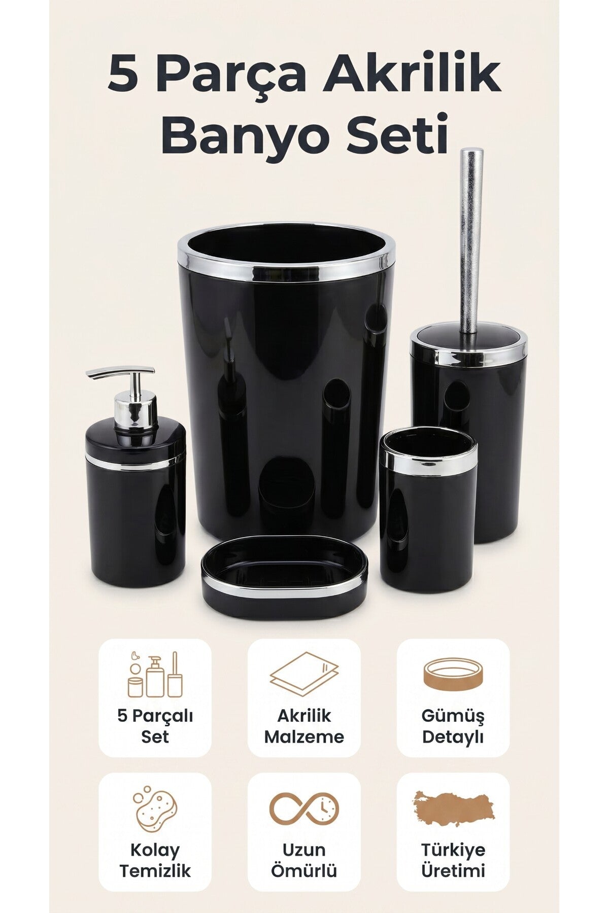 5 Parça Şık ve Kaliteli Akrilik Banyo Seti Siyah & Gümüş Detaylı - görsel 2