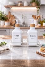 Stantlı Bambu Kapaklı İkili Cam Sıvı Sabunluk & Deterjanlık Seti – 2×500 ml, 22,5 × 8,5 × 24 cm