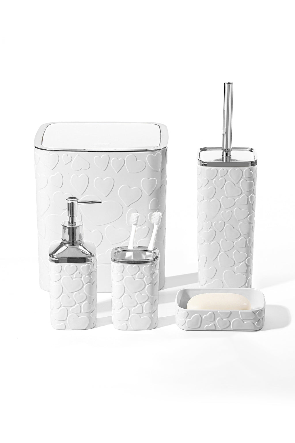 5 Parça Banyo Seti, Kalp Desenli, Beyaz Silver, Kare, Click Kapaklı, Hacim: 8 litre