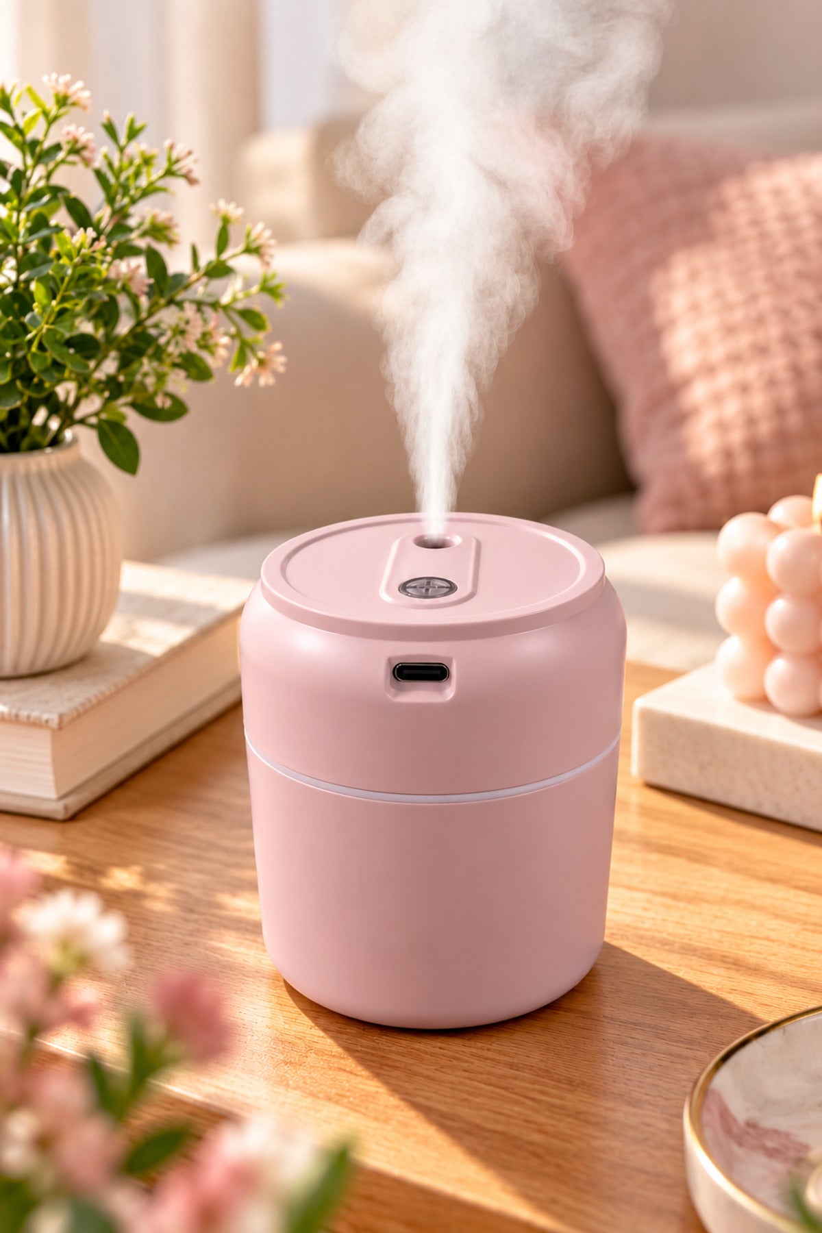 Mini Hava Nemlendirici 200 ml, USB Type-C, 7,5 x 9 cm – Pembe