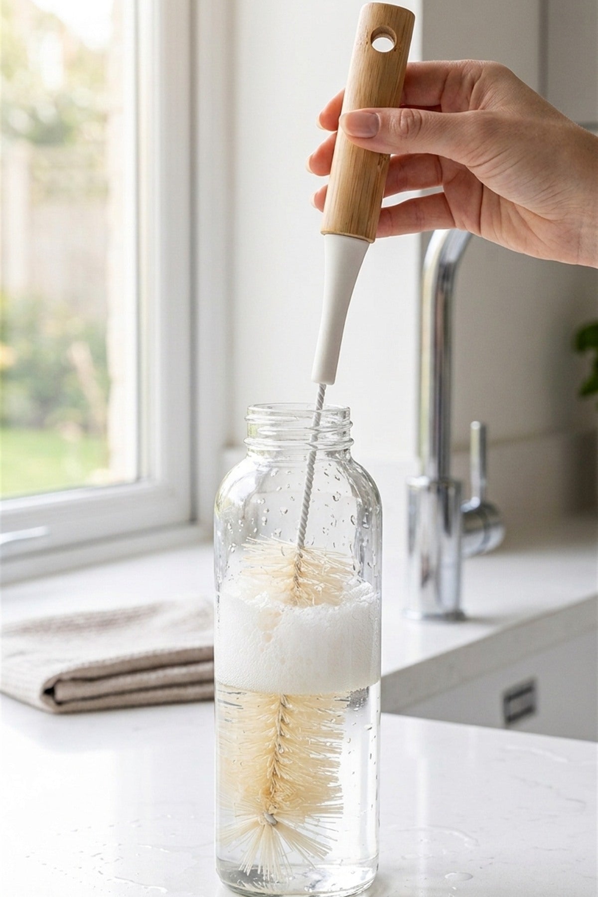 Bambu Saplı Uzun Şişe, Sürahi ve Termos Temizleme Fırçası, 33 cm