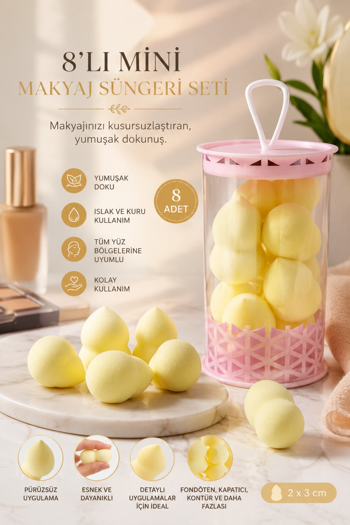 Mini Boy 8'li Sarı Makyaj Süngeri Seti- 2 cm x 3 cm Makyaj Uygulama Süngeri