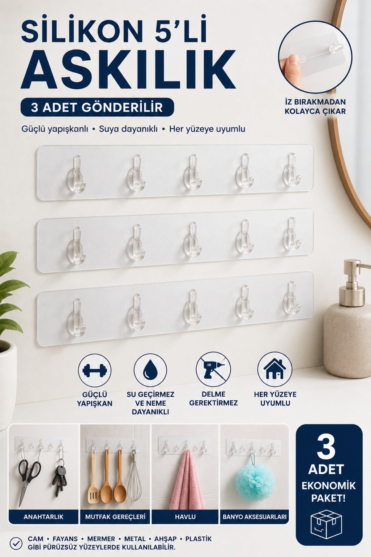 3'lü Set Şeffaf Yapışkanlı 5'li Askılık