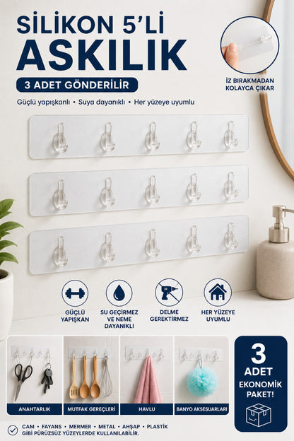 3'lü Set Şeffaf Yapışkanlı 5'li Askılık