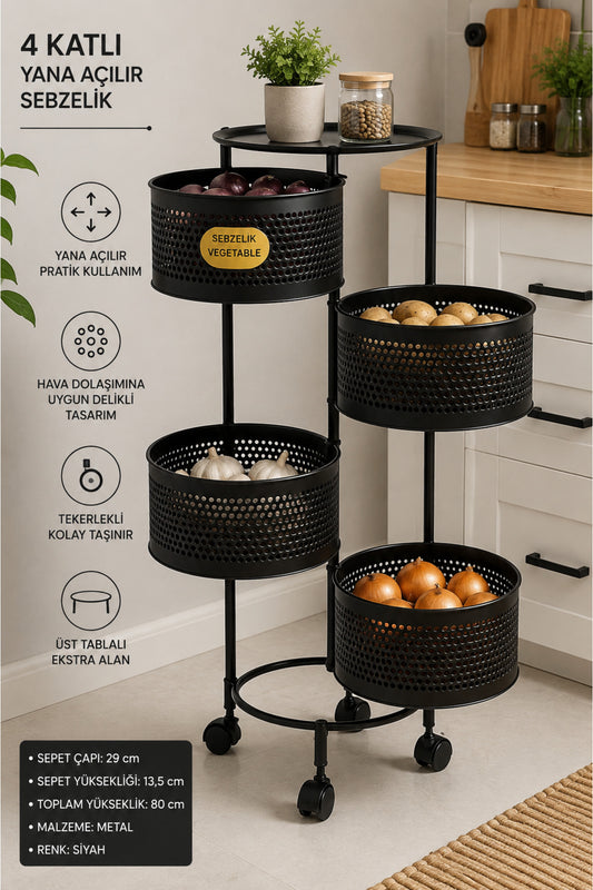 4 Katlı Yana Açılır Metal Sebzelik, Siyah, Tekerlekli, Üst Tablalı, 80 cm
