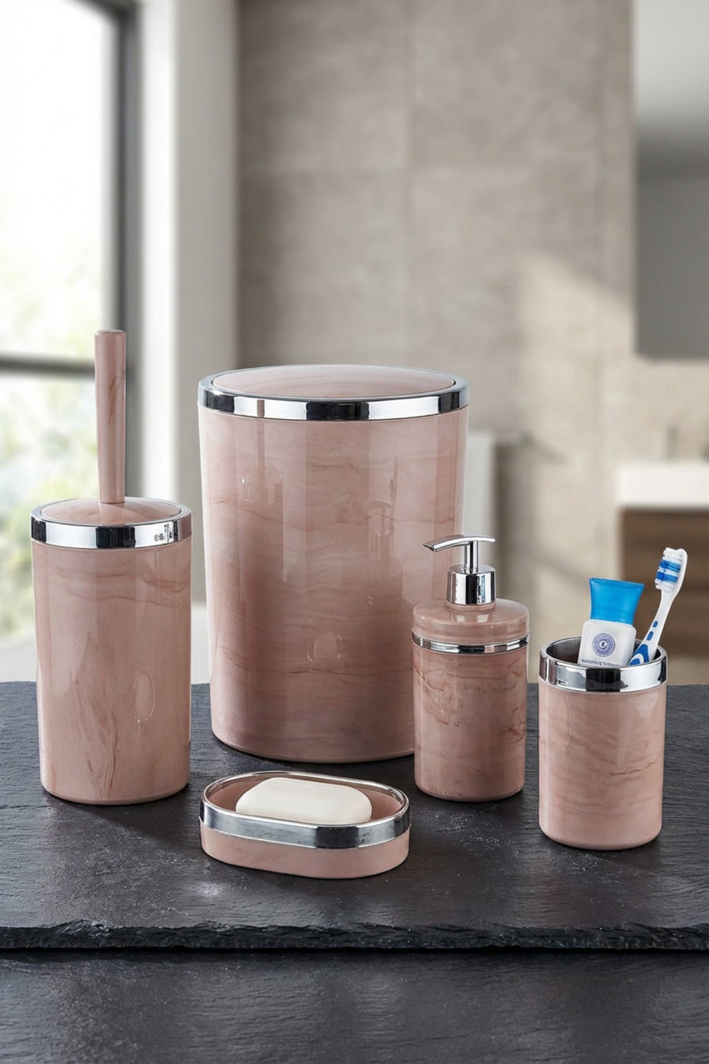 Banyo Seti 5'li,yuvarlak,akrilik-çöpkovası, Wcfırçalık,sıvı Sabunluk,diş Fırçalık,el Sabunluk
