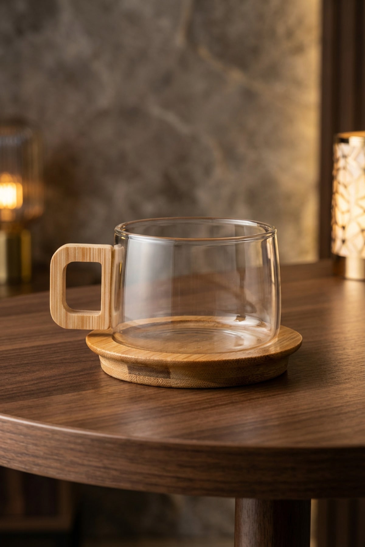 Bambu Kulplu ve Altlıklı Cam Kupa 200 ml – Borosilikat Cam