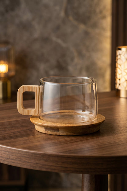 Bambu Kulplu ve Altlıklı Cam Kupa 200 ml – Borosilikat Cam