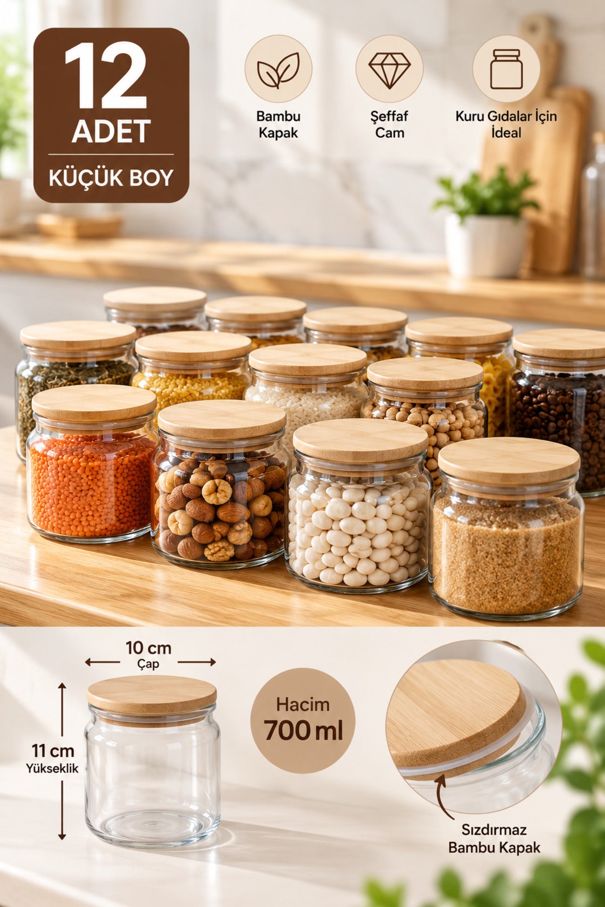 12’li Bambu Kapaklı Cam Kavanoz Seti – 700 ml