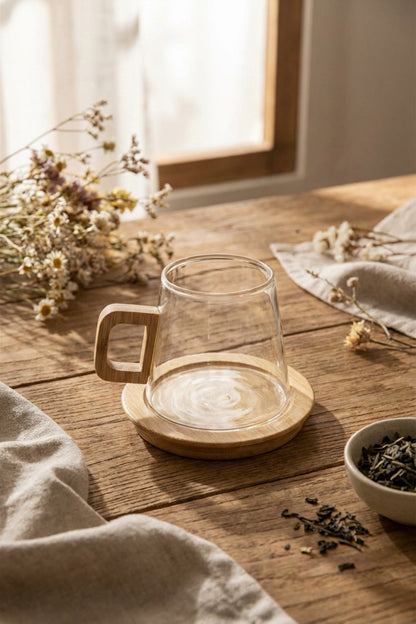 Bambu Kulplu ve Altlıklı Cam Kupa 200 ml – Borosilikat Cam