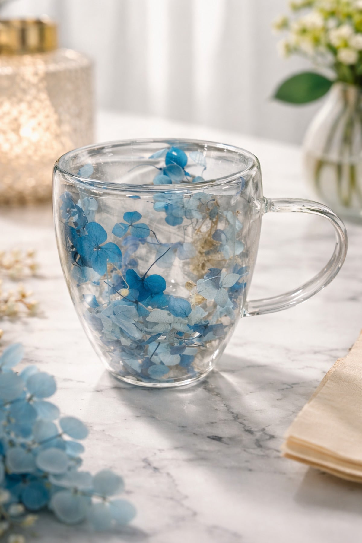 Çift Cidarlı Cam Kupa, 350 ml, 11 cm x 8 cm – Mavi Çiçekli