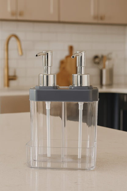 Sıvı Sabunluk Süngerlikli, 2 Hazneli, 350 ml + 350 ml, Plastik – Gri