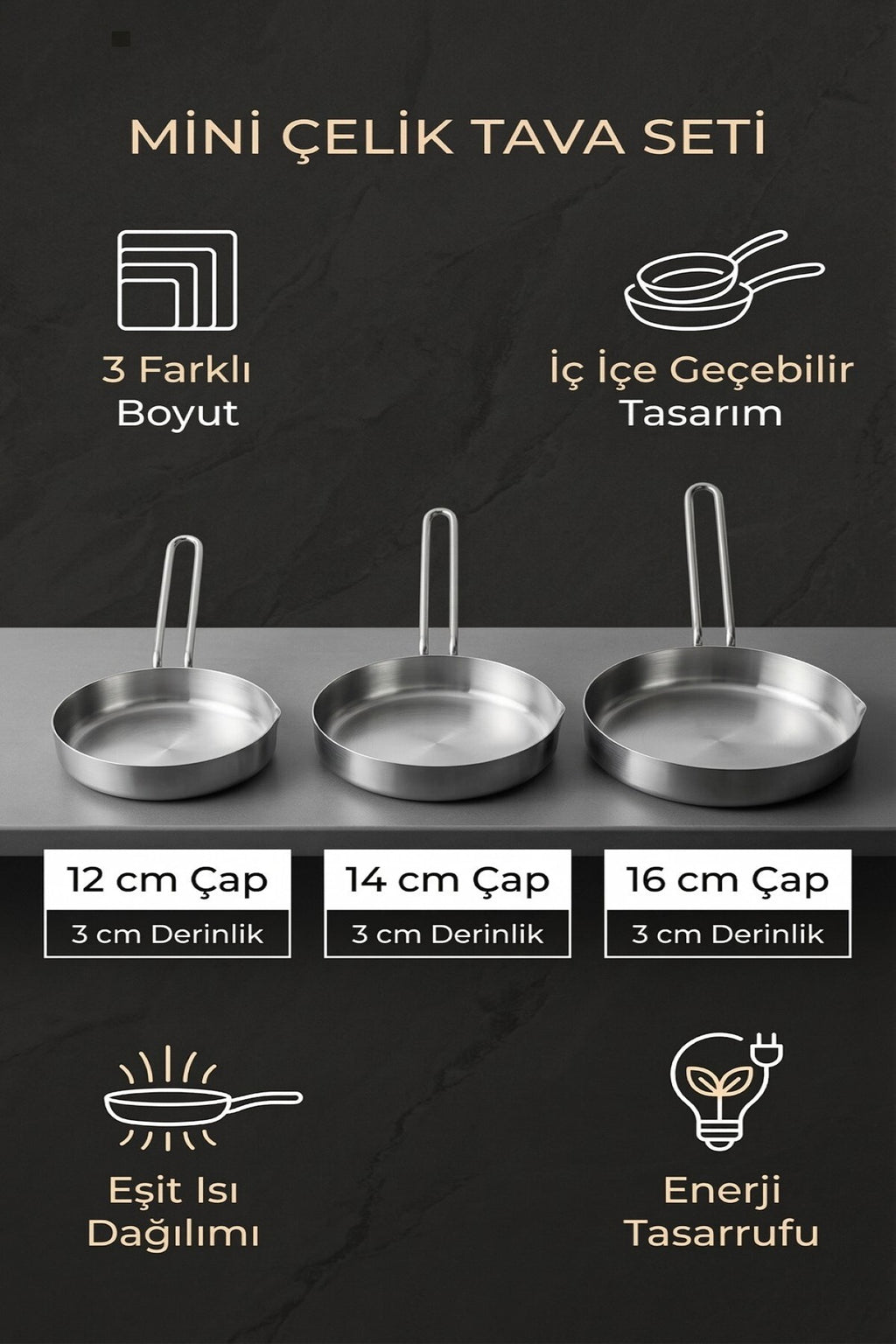 3’lü Kompakt Çelik Tava Seti – (12 cm, 14 cm, 16 cm)