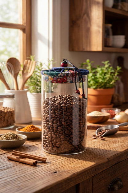 1000 ml Borosilikat Cam Hava Geçirmez Kumaş Kaplama Bambu Kapaklı Kavanoz, çap:8 cm, h:25 cm