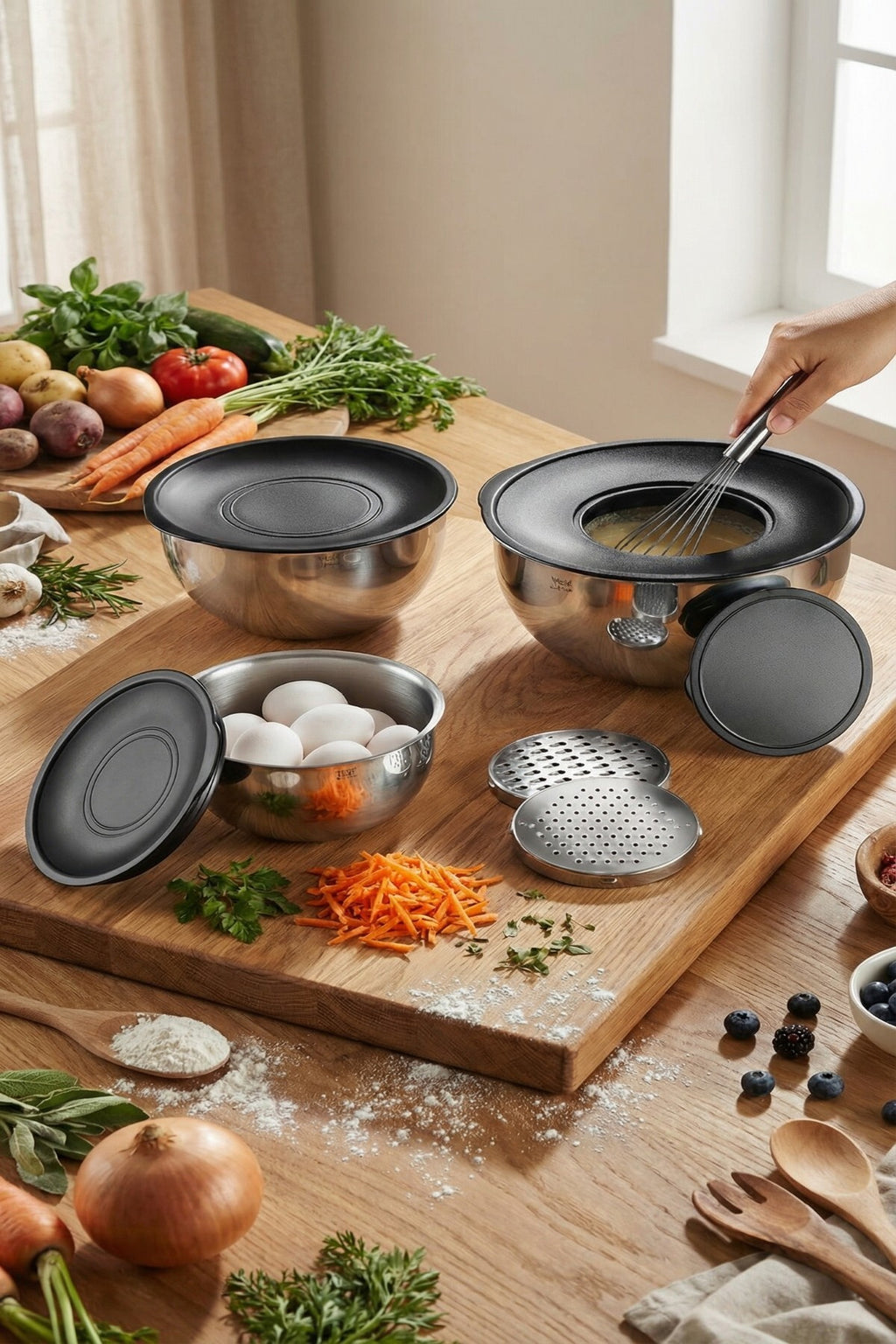 3'lü 304 Çelik Rendeli Saklama ve Karıştırma Kabı Seti (16 cm-1,35 Lt, 20 cm-2,70 Lt, 24 cm-4,60 Lt)